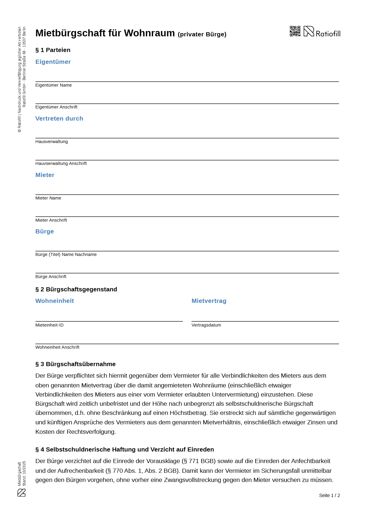 Bürgschaftserklärung Vorlage, Seite 1 des Originaldokuments